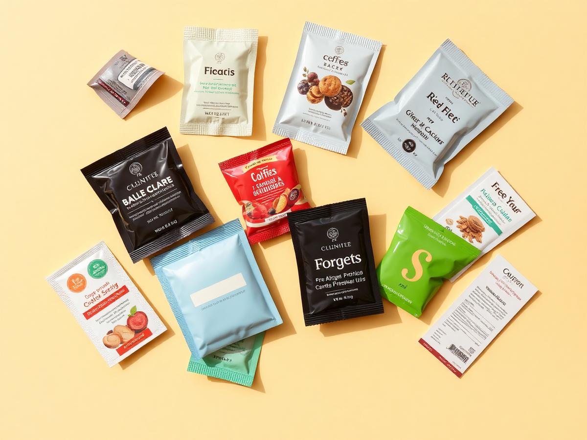 Assortment of free product samples and coupons laid out on a cream background